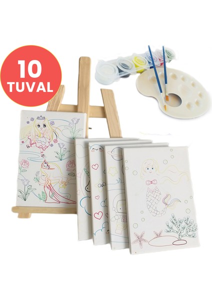 Küçük Ressam Seti - 10 Adet 20 x 30 Önçizimli Tuval, 2 Adet Fırça, Palet, 12'li Boya ve Mini Şövale