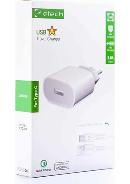ETC-011 3.0A 15W / 18W Type-C Hızlı Şarj Cihazı Seti