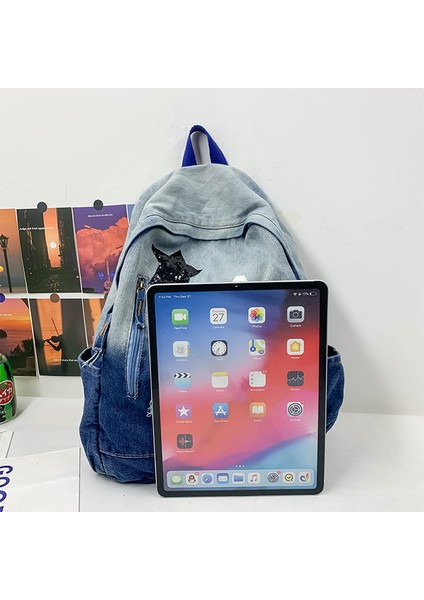 Yıkanmış Denim Yama Işlemeli Degrade Sırt Nın Kore Versiyonu Kadın Sokak Fonksiyonel Sırt Çantası (Yurt Dışından) fırsatları