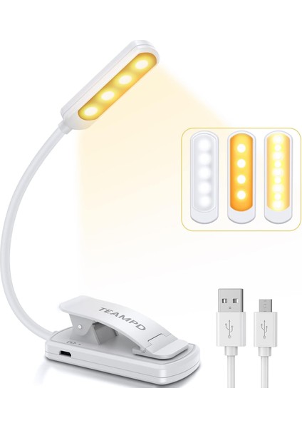 Okuma Işığı, 9 LED Okuma Işığı USB Şarj Edilebilir Klipsli Lamba, 360° Esnek Boyun, 3 Sıcaklık (Yurt Dışından)