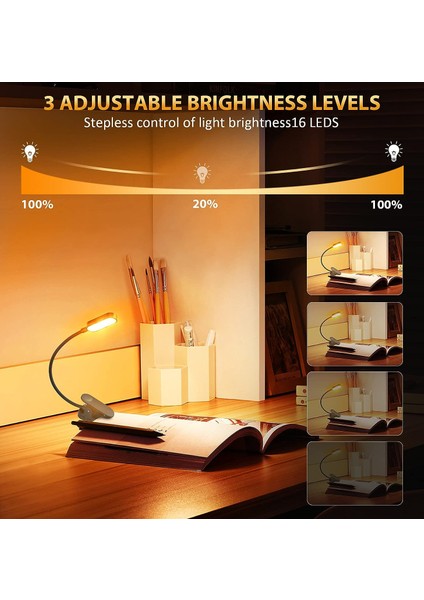 Okuma Işığı 16 LED Okuma Işığı USB Şarj Edilebilir Klipsli Lamba 9 Parlaklık Modu ve 3 Sıcaklık Ayarı (Yurt Dışından) modelleri