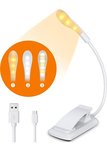 Okuma Işığı, 9 Aydınlatma Modlu 7 LED USB Şarj Edilebilir Klip Kitap Işığı (3 Renk) (Yurt Dışından)