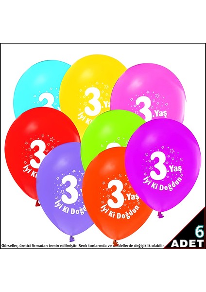 3.yaş Doğum Günü Pastel Balon, 30CM x 6 Adet