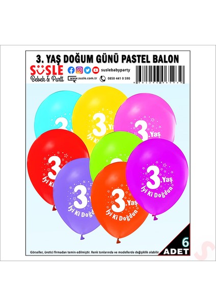 3.yaş Doğum Günü Pastel Balon, 30CM x 6 Adet