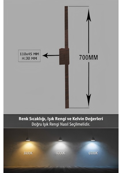 Modern Dekoratif Çubuk Led Duvar Aplik 70 Cm Ahşap Desen Profil (Dikdörtgen Rozanslı) 3000K