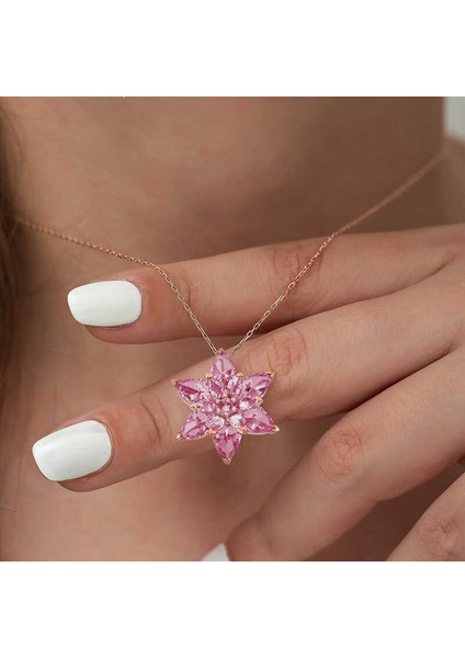 925 Ayar Gümüş Rose Pembe Lotus Çiçeği Kolye
