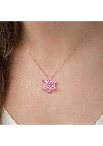 925 Ayar Gümüş Rose Pembe Lotus Çiçeği Kolye