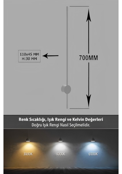 Modern Dekoratif Çubuk Led Duvar Aplik 70 Cm Beyaz Profil (Yuvarlak Rozanslı) 3000K Sarı Işık