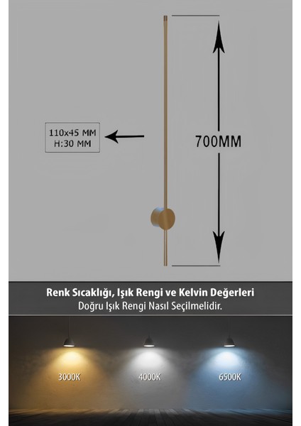 Modern Dekoratif Çubuk Led Duvar Aplik 70 Cm Bronz Profil (Yuvarlak Rozanslı) 3000K Sarı Işık