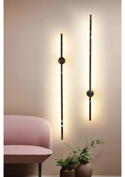 Modern Dekoratif Çubuk Led Duvar Aplik 70 Cm Siyah Mermer Desenli Profil (Yuvarlak Rozanslı) 4000K fiyatları