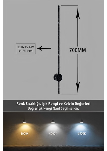 Modern Dekoratif Çubuk Led Duvar Aplik 70 Cm Siyah Mermer Desenli Profil (Yuvarlak Rozanslı) 4000K indirimleri