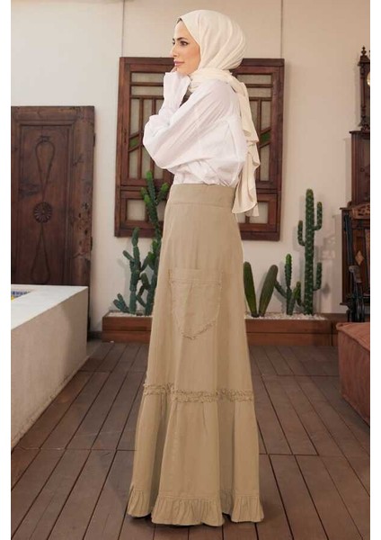 2280-PARÇA Boya Fırfırlı Etek Bej
