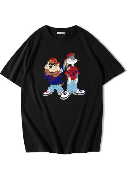 Unisex Oversize Bugs ve Tazmanya Figürlü T-Shirt