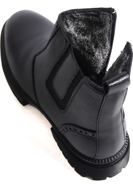 Hakiki Deri MBBLC22508-S Siyah İçi Kürklü Fermuarlı Lastik Detaylı Erkek Klasik Bot modelleri