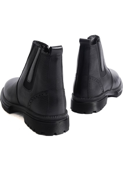 Hakiki Deri MBBLC22508-S Siyah İçi Kürklü Fermuarlı Lastik Detaylı Erkek Klasik Bot