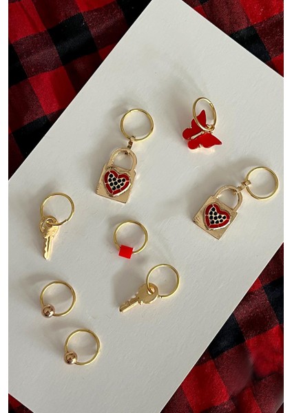 Kırmızı Rüyası Kelebek ve Kalp Figürlü Saç Küpesi Seti 8'li Paket
