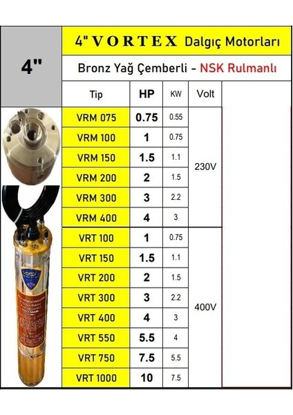 Vrm 100 1 Hp 220V Bronz Yağ Çemberli Nsk Rulmanlı 4" Dalgıç Pompa Motor