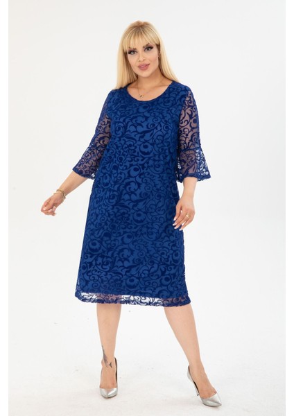 Ispanyol Kol Büyük Beden Saks Abiye Elbise 37A-2406 fiyatları