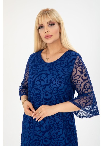 Ispanyol Kol Büyük Beden Saks Abiye Elbise 37A-2406 modelleri