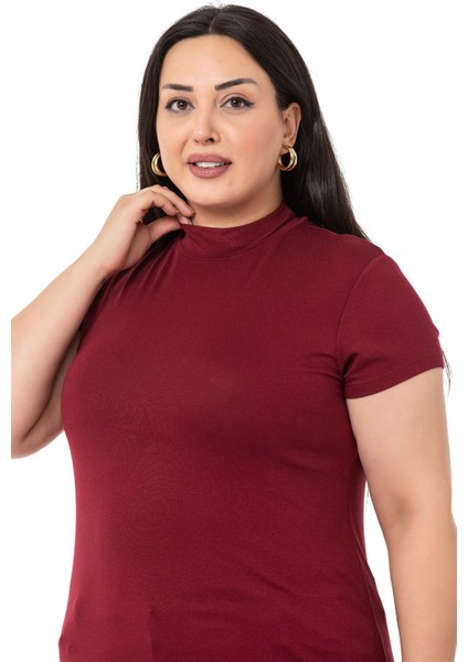 Büyük Beden Yarım Balıkçı Kısa Kollu Viskon Bordo Body