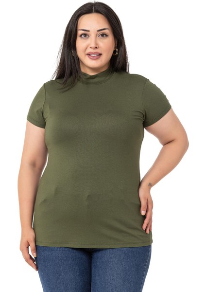 Büyük Beden Yarım Balıkçı Kısa Kollu Viskon Haki Body