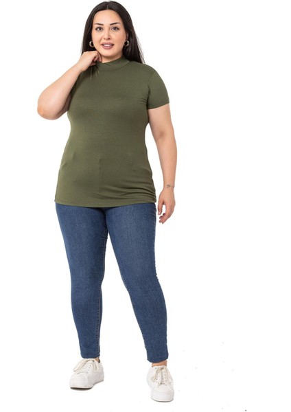 Büyük Beden Yarım Balıkçı Kısa Kollu Viskon Haki Body