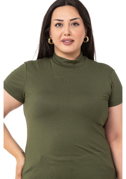 Büyük Beden Yarım Balıkçı Kısa Kollu Viskon Haki Body