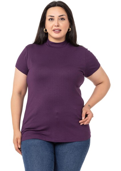 Büyük Beden Yarım Balıkçı Kısa Kollu Viskon Mürdüm Body