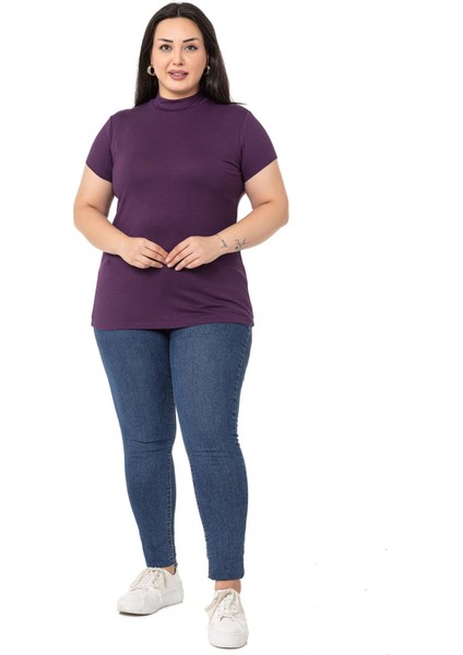 Büyük Beden Yarım Balıkçı Kısa Kollu Viskon Mürdüm Body