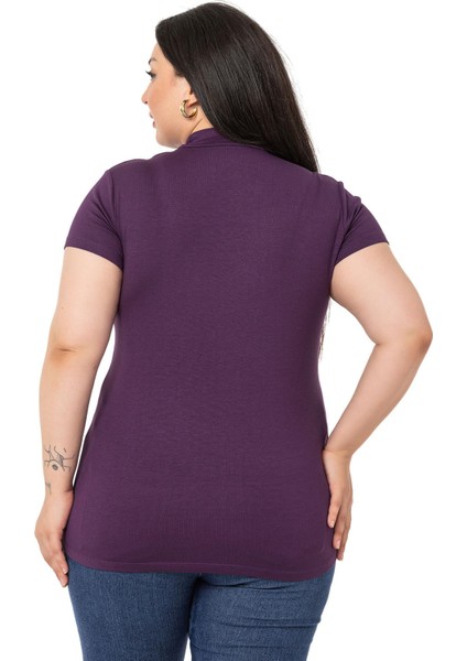Büyük Beden Yarım Balıkçı Kısa Kollu Viskon Mürdüm Body