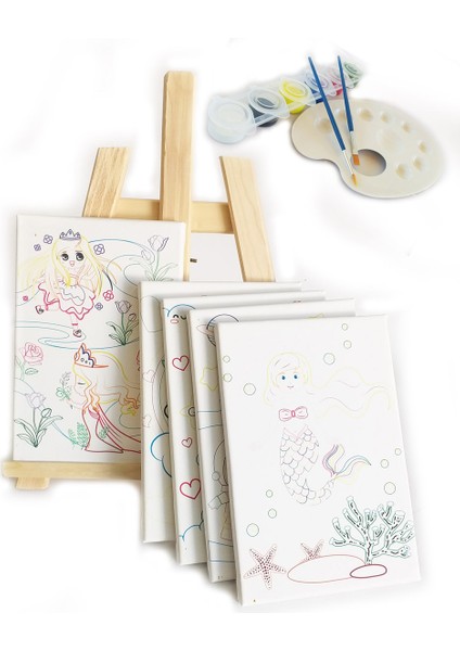 Çocuk Ressam Seti, Mini Şövale ve 5 Adet 30 x 40 cm Önçizimli Tuval, Sağlıklı Boyalar ve Palet