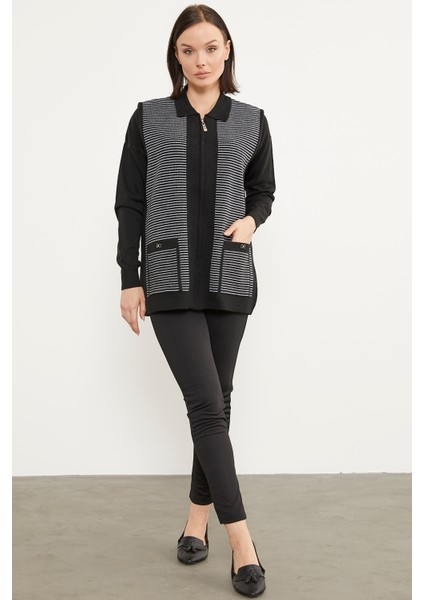 Polo Yaka Fermuarlı Triko Yelek - Siyah modelleri