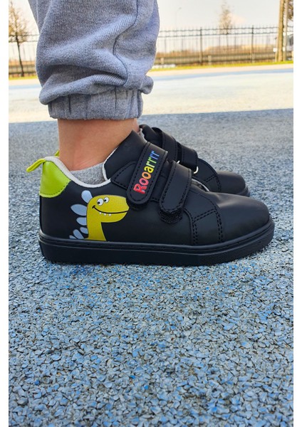 Dinozor Baskılı Siyah Cırt Cırtlı Erkek Çocuk Günlük Sneaker Spor AYAKKABI-S-1006