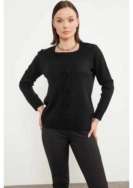 Önü Örgü Detaylı Triko Basic Kazak - Siyah
