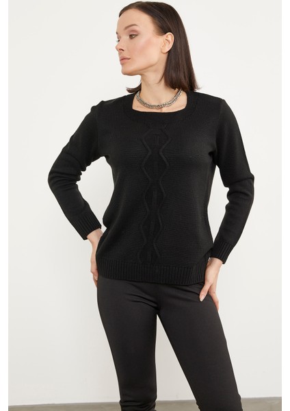 Önü Örgü Detaylı Triko Basic Kazak - Siyah fiyatları