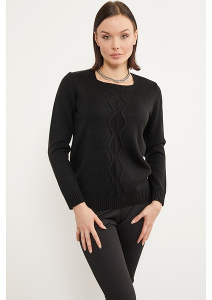 Önü Örgü Detaylı Triko Basic Kazak - Siyah modelleri