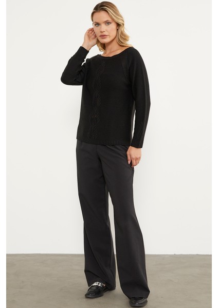 Kayık Yaka Motif Detaylı Triko Kazak - Siyah modelleri