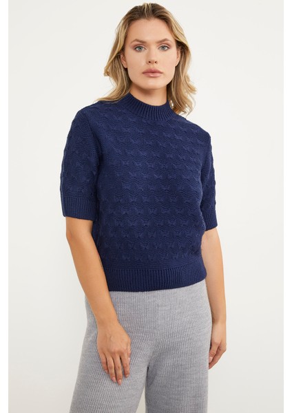 Fiyonk Desenli Kısa Kol Triko Süveter - Lacivert