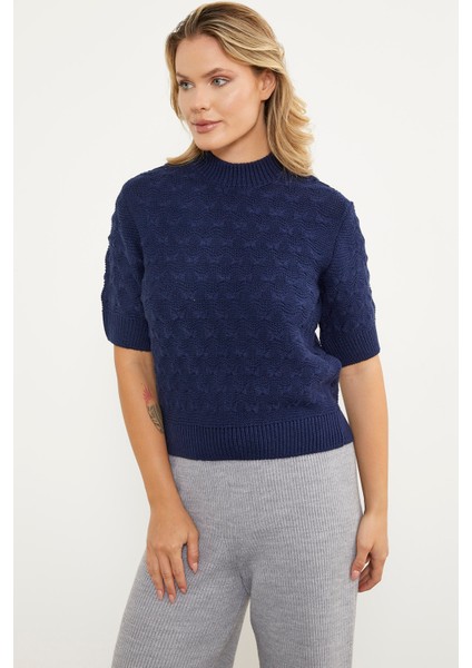 Fiyonk Desenli Kısa Kol Triko Süveter - Lacivert fiyatları