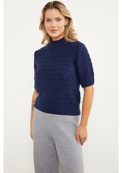 Fiyonk Desenli Kısa Kol Triko Süveter - Lacivert modelleri