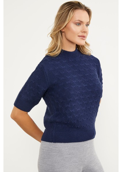 Fiyonk Desenli Kısa Kol Triko Süveter - Lacivert fırsatları