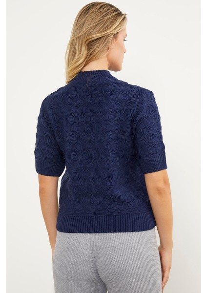 Fiyonk Desenli Kısa Kol Triko Süveter - Lacivert indirimleri