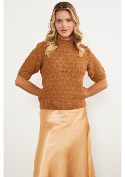 Fiyonk Desenli Kısa Kol Triko Süveter - Kamel