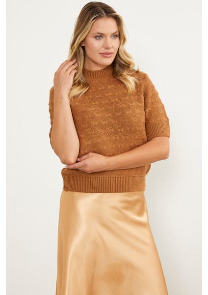 Fiyonk Desenli Kısa Kol Triko Süveter - Kamel fiyatları