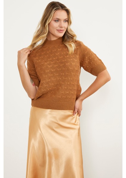 Fiyonk Desenli Kısa Kol Triko Süveter - Kamel modelleri