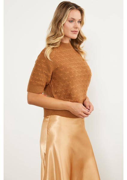 Fiyonk Desenli Kısa Kol Triko Süveter - Kamel indirimleri