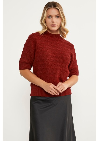 Fiyonk Desenli Kısa Kol Triko Süveter - Kırmızı