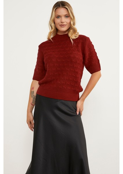 Fiyonk Desenli Kısa Kol Triko Süveter - Kırmızı fiyatları