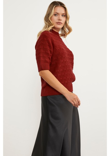 Fiyonk Desenli Kısa Kol Triko Süveter - Kırmızı modelleri