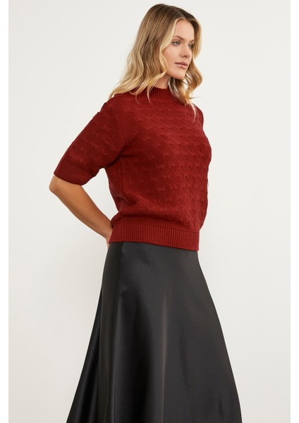 Fiyonk Desenli Kısa Kol Triko Süveter - Kırmızı fırsatları